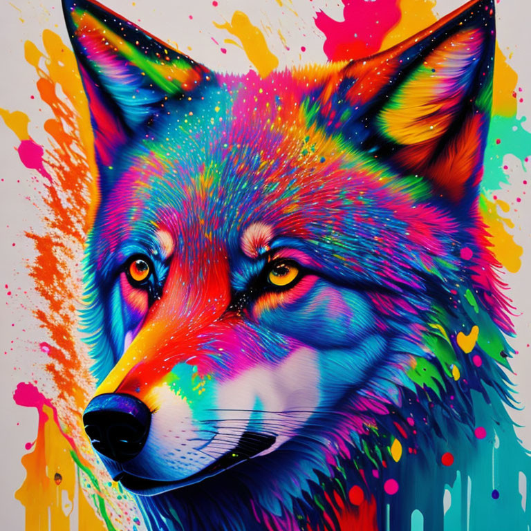 Vibrant wolf painting with colorful modern rainbow effect