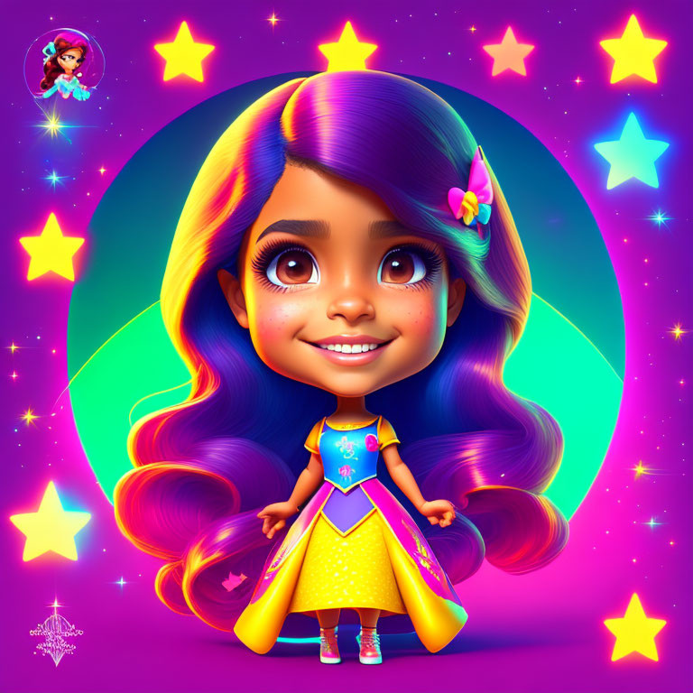 Colorful animated girl with purple hair and large eyes in neon star setting