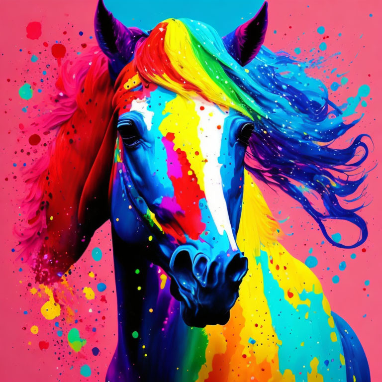 Colorful Horse Painting with Rainbow Mane on Pink Background