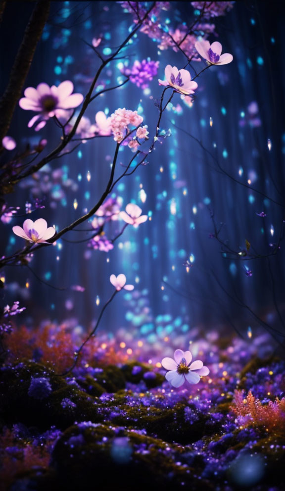 Enchanting forest with glowing lights and purple flowers