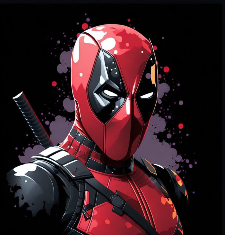 Comic book character in red and black suit with swords on dark background.