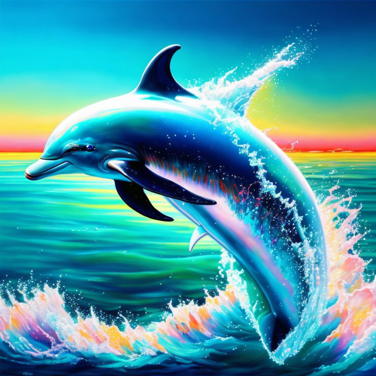 Colorful Dolphin Leaping in Sunset Ocean Scene