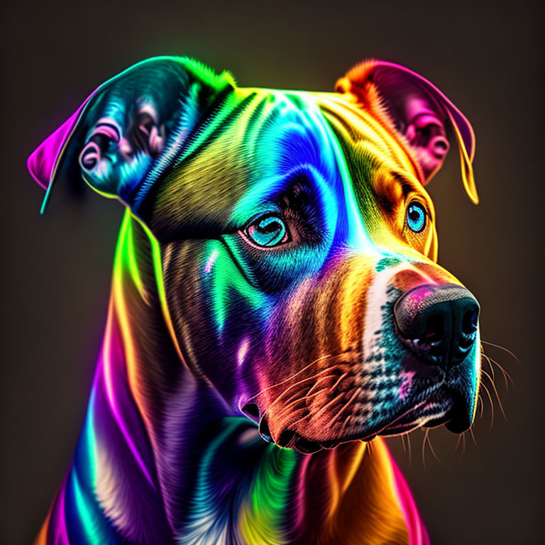 Colorful Portrait of Dog with Rainbow Lighting and Contemplative Expression