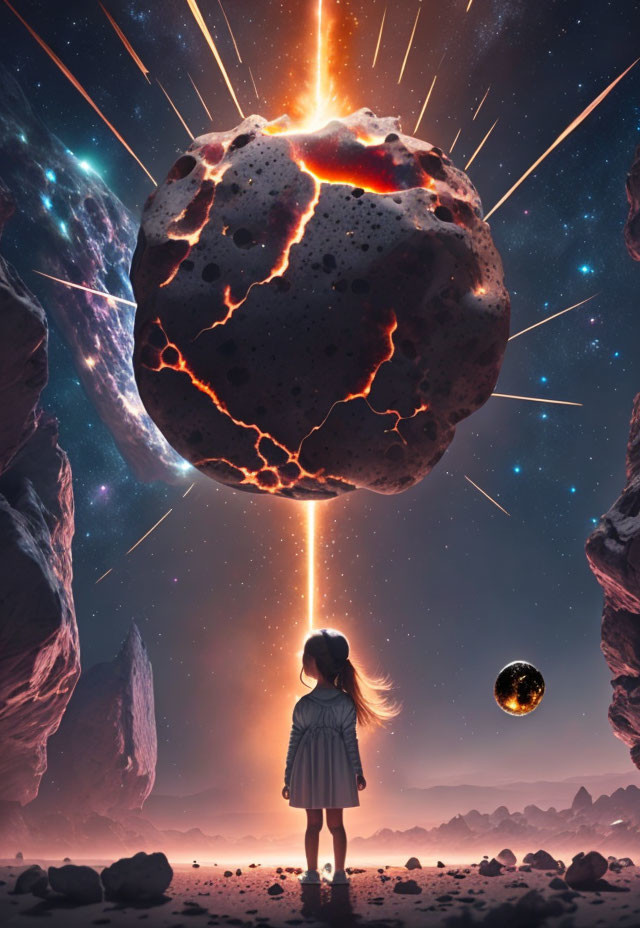 Young girl gazes at massive glowing meteor on rocky terrain