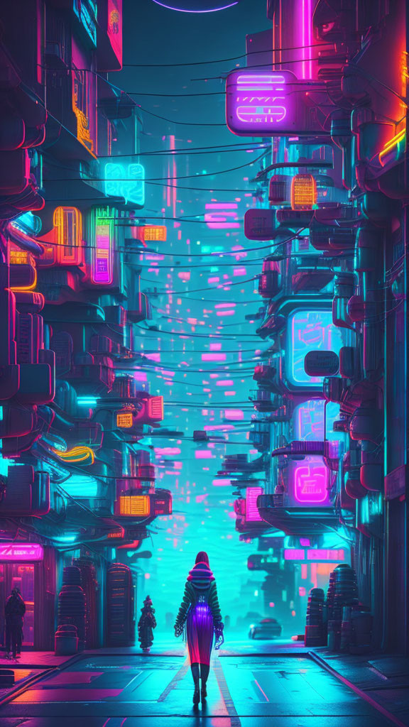 Futuristic cyberpunk alley with neon lights & digital rain