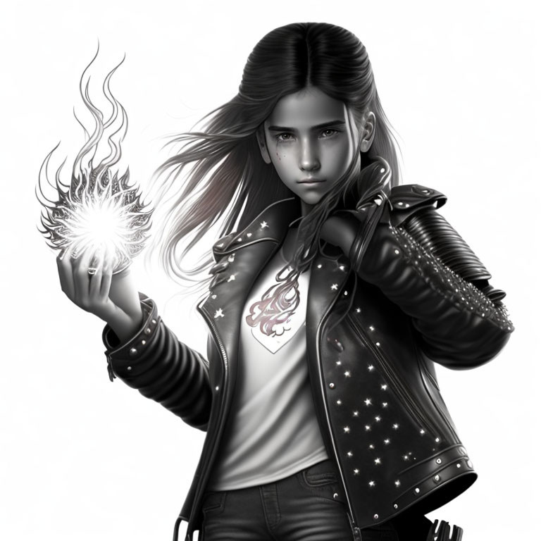 Monochrome drawing of girl with long hair holding fiery orb in studded leather jacket