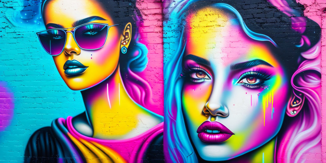 Colorful street art featuring stylized female faces with bold makeup and accessories