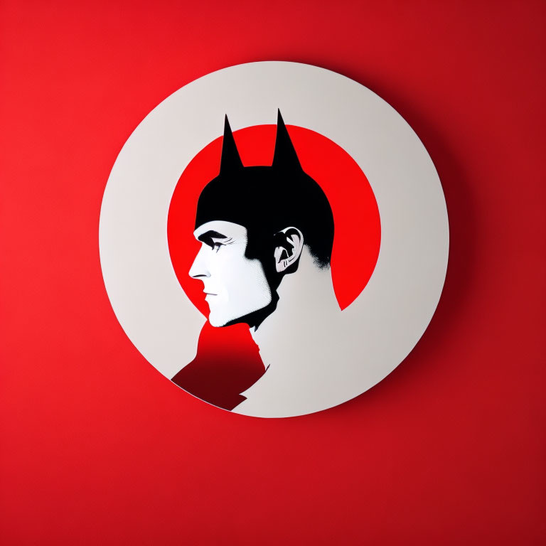 Profile portrait graphic design with devil horns on white circle and red backdrop