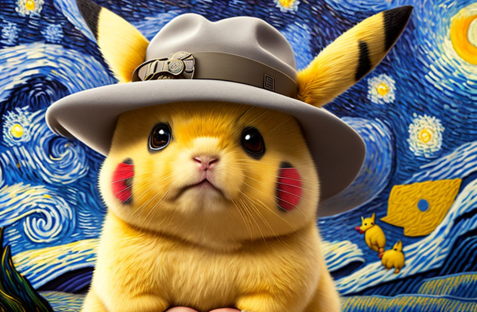 Adorable Pikachu in detective hat on Van Gogh-inspired backdrop