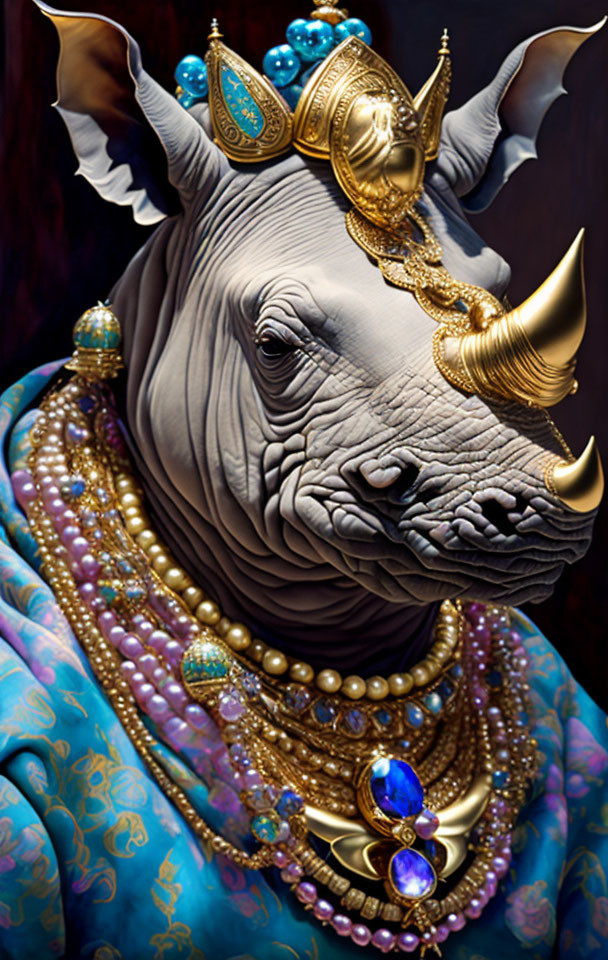 Regal rhinoceros with crown, gold jewelry, and blue garment