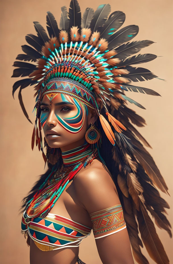 Colorful Beaded Feathered Headdress and Tribal Makeup Portrait