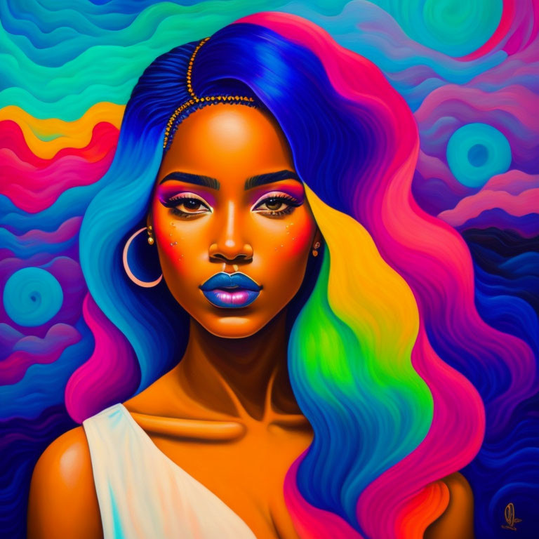 Colorful Woman Portrait with Multicolored Hair on Psychedelic Background