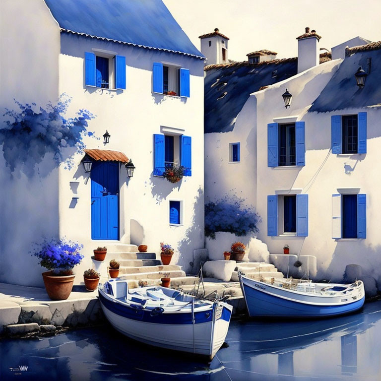 Coastal scene: White houses, blue doors, boats, flowering plants