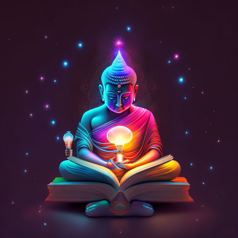 Illustration of meditating figure with purple aura holding glowing lightbulb over open book on starry