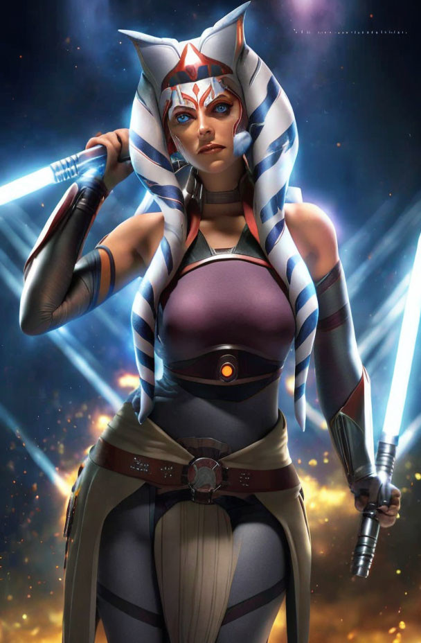 Blue and white head-tailed female character dual-wielding lightsabers in sci-fi armor against cosmic