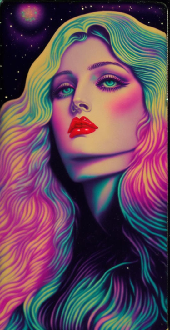 Colorful Stylized Woman Portrait with Flowing Hair on Starry Night Sky