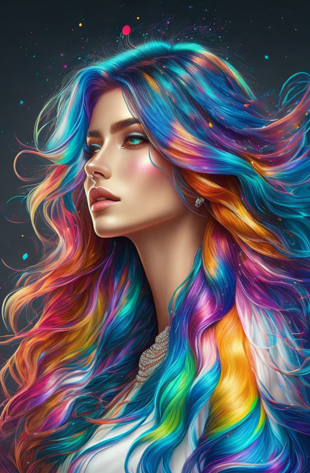 Illustration of woman with multicolored hair and thoughtful expression on dark background.