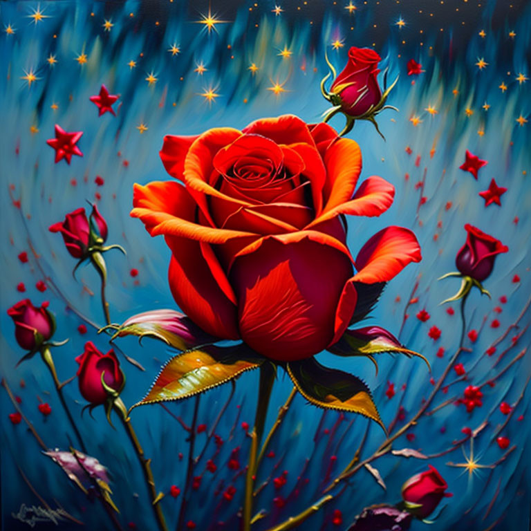 Vivid red rose on starry blue background with smaller roses