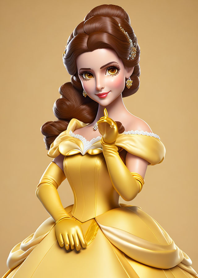 Brown-haired princess in yellow ball gown holding a book