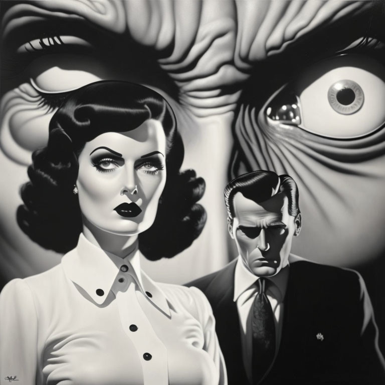 Monochromatic surreal artwork featuring glamorous woman, pensive man, and large eye in film noir style