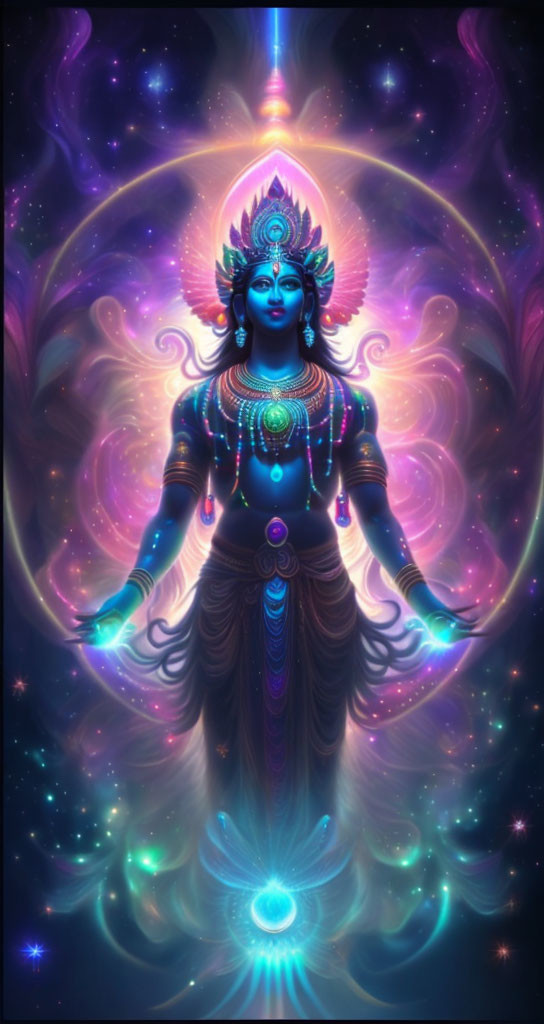 Blue-skinned multi-armed deity in cosmic setting with floral motifs