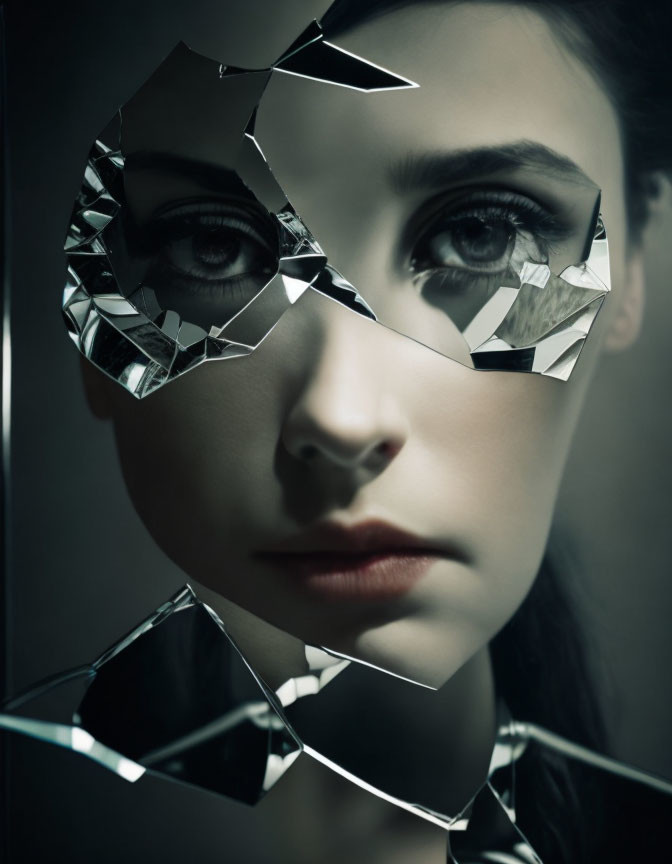 Fragmented Woman's Face Mirrored Shards Reflective Mosaic