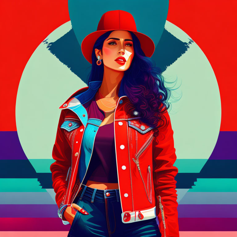 Digital portrait of woman with long wavy hair in red hat and denim jacket against vibrant geometric backdrop