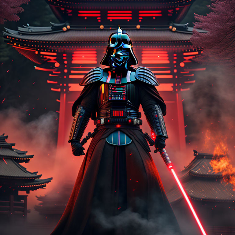 Stylized Darth Vader with red lightsaber in Japanese temple setting