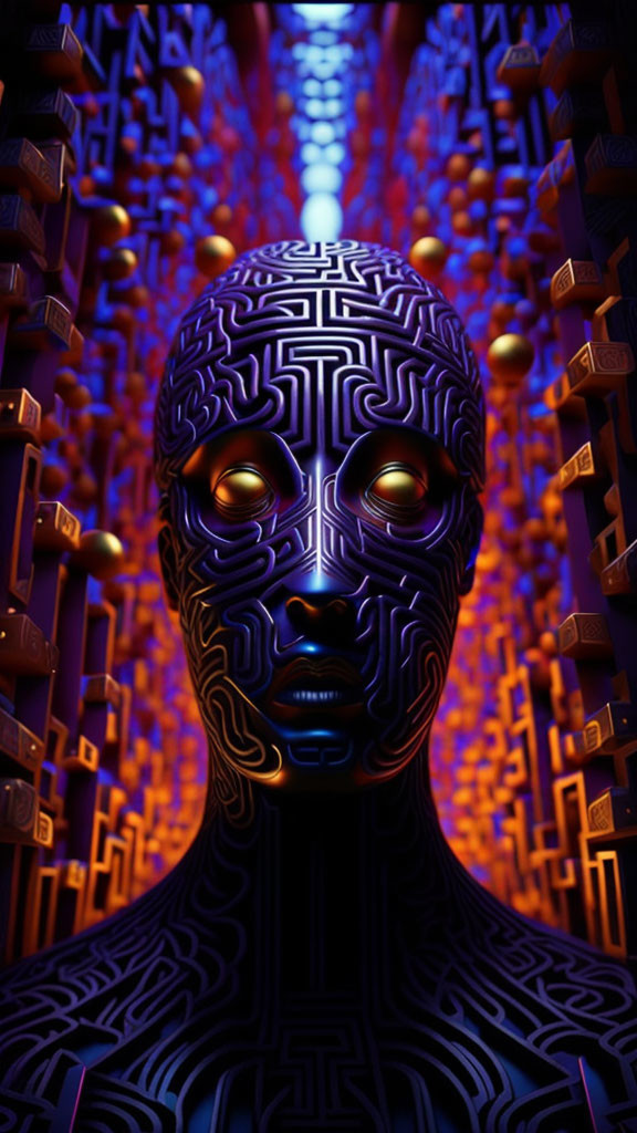 Digital artwork: humanoid figure with circuit pattern on neon-lit maze background