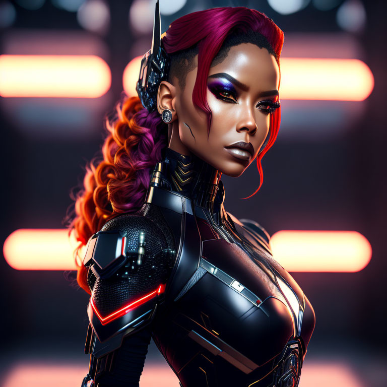 Digital artwork: Woman with red hair, cybernetic enhancements, futuristic black armor, glowing red lights