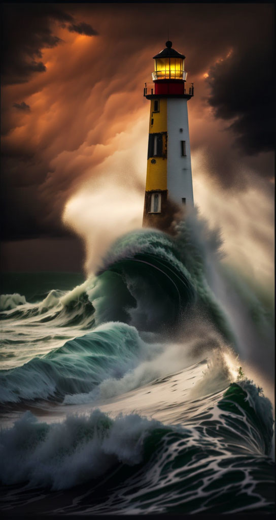 Dramatic lighthouse at sunset against stormy sea waves