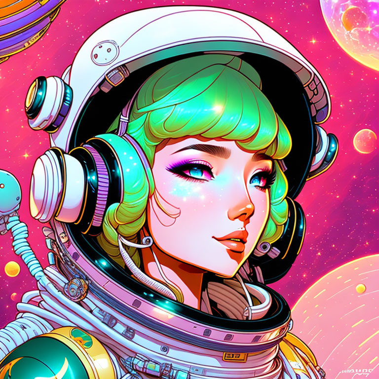 Colorful Female Astronaut with Green Hair in Detailed Spacesuit Helmet