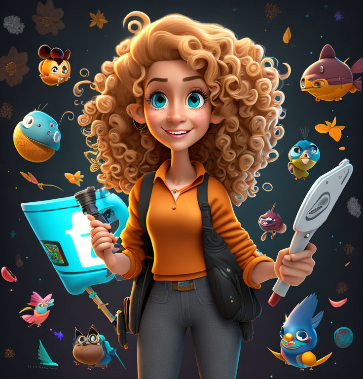 Curly-Haired Animated Girl with Whimsical Creatures in Enchanted Forest