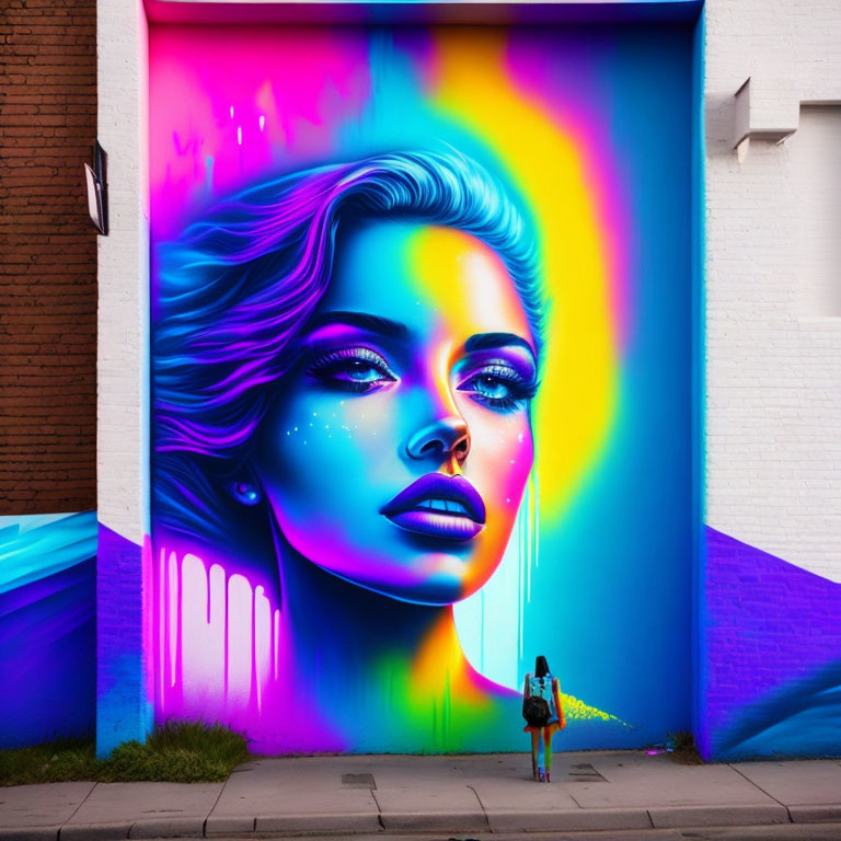 Colorful street art mural of woman with flowing neon hair