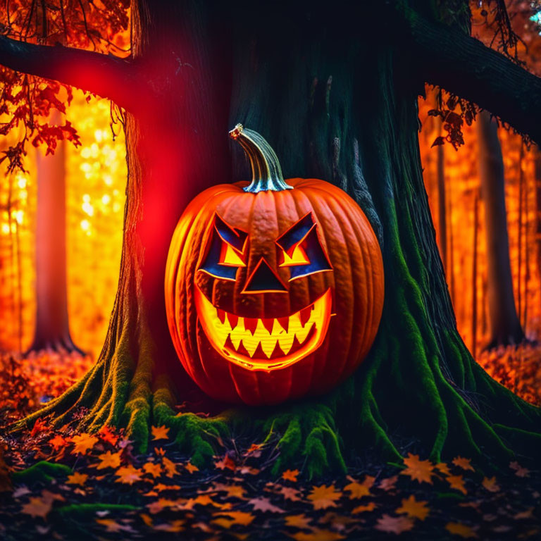 Sinister jack-o'-lantern in eerie forest setting