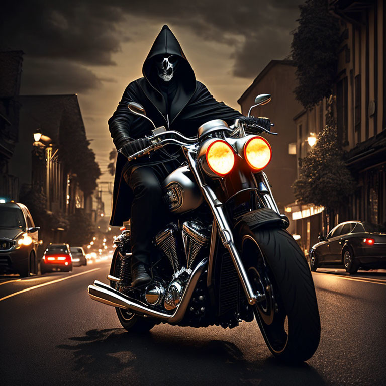 Person in dark hooded outfit rides black motorcycle on dimly-lit street