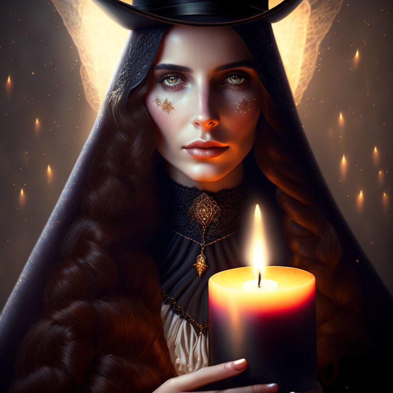 Mystical woman with glowing eyes, halo, candle, and braided hair.