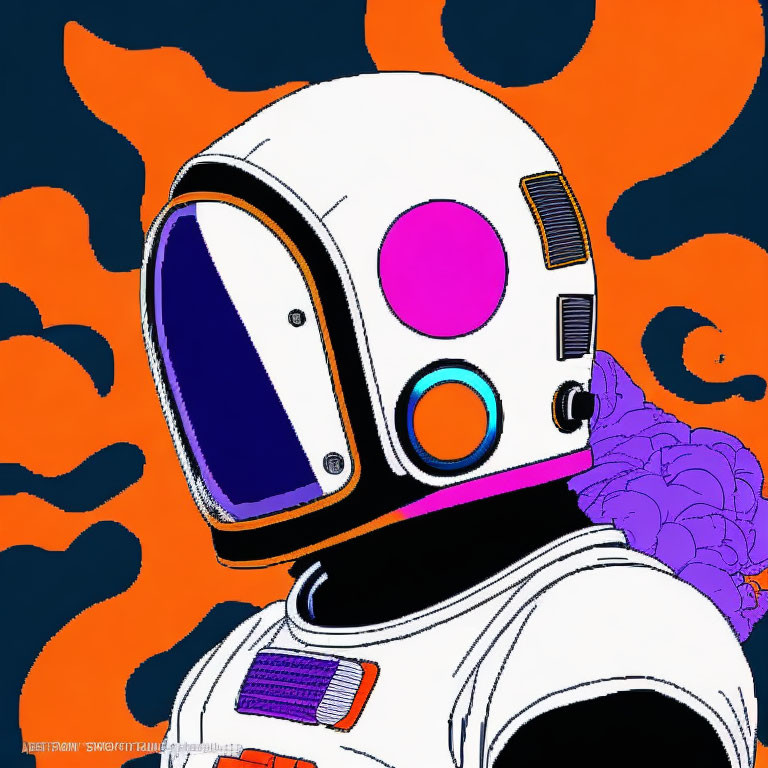 Detailed Astronaut Illustration in White Suit Against Flame-Like Background