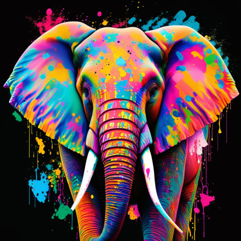 Colorful Psychedelic Elephant Art Against Black Background