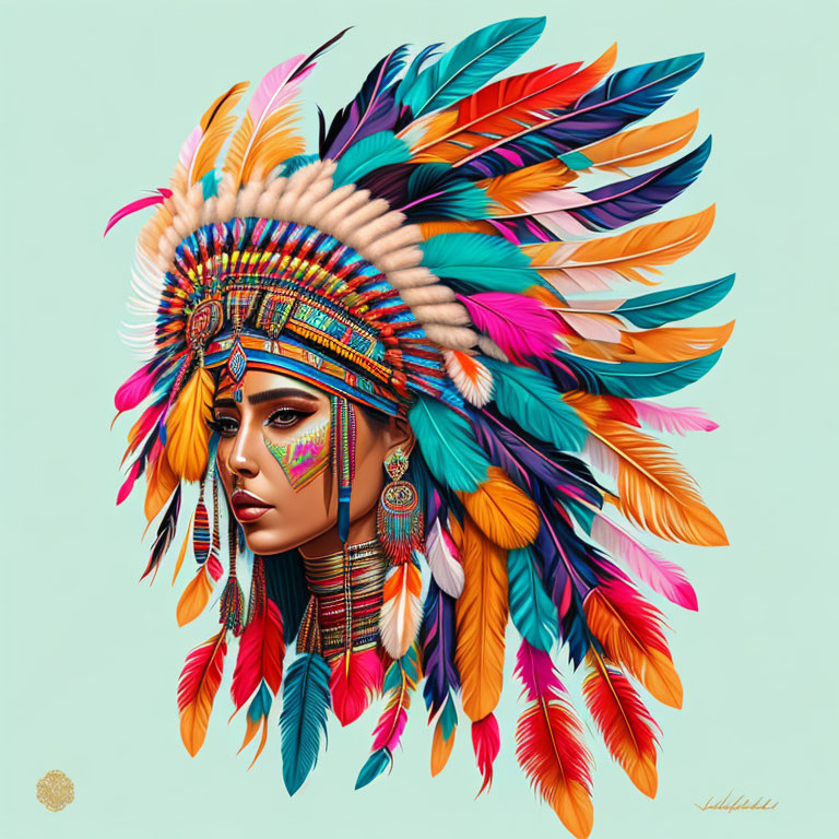 Colorful person with feather headdress and face paint on teal background