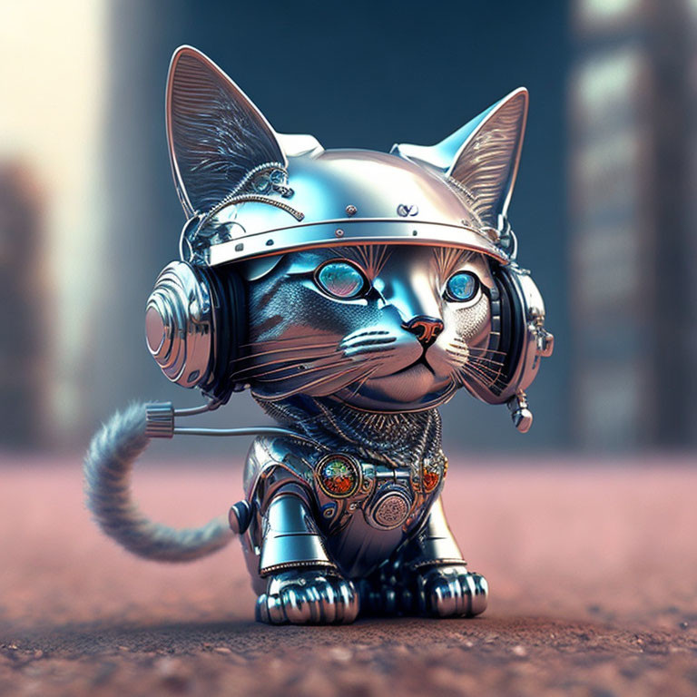 Steampunk robotic cat with headset and goggles in digital art