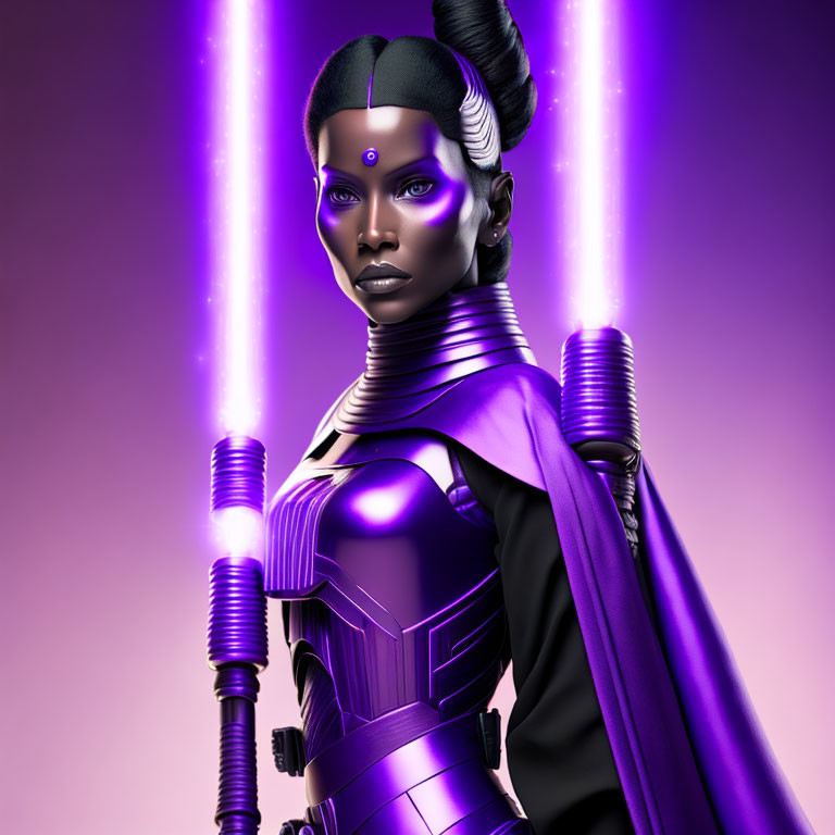 Futuristic digital art: Dark-skinned woman in black and purple bodysuit with glowing swords