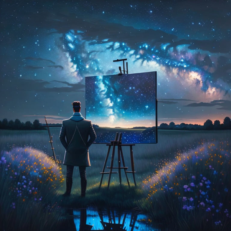 Artist painting vibrant starry sky at twilight