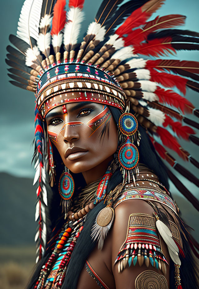 Person wearing Native American headdress with feathers and face paint against natural background