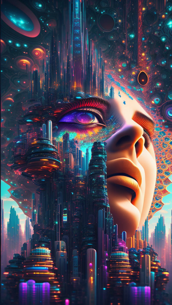 Futuristic cyberpunk cityscape with woman's face blending in