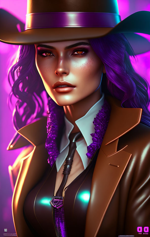 Purple-haired female character in brown hat and trench coat under neon glow