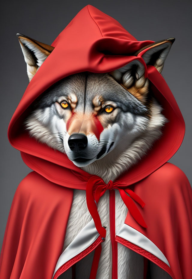 Stylized wolf in red riding hood cape with detailed fur and expressive eyes