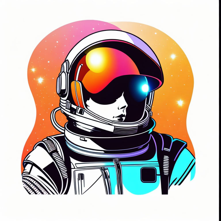 Vibrant astronaut illustration in reflective visor on starry background