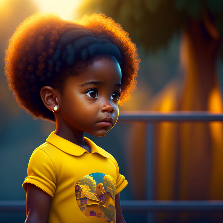 Young girl with afro hairstyle in yellow shirt gazes thoughtfully against sunset backdrop