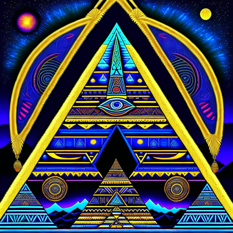 Symmetrical pyramids, all-seeing eye, celestial bodies in digital artwork